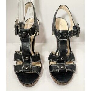 Coach Black Leather T-Strap Platform Heels Sandals Women’s 6.5B